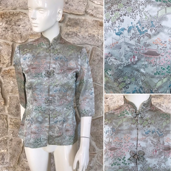 Gorgeous Vintage 1940s Custom Made Asian Satin Brocade Blouse Tunic Jacket